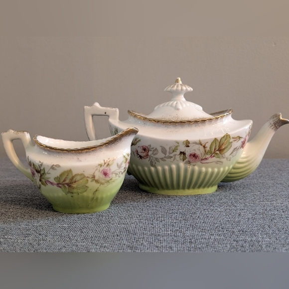 Antique Teapot and Creamer, Green/White with Gold Trim, Pink/Red Rose Pa… - Picture 1 of 9